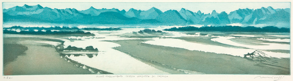 acquatinta che illustra il fiume Tagliamento e le Prealpi Giulie